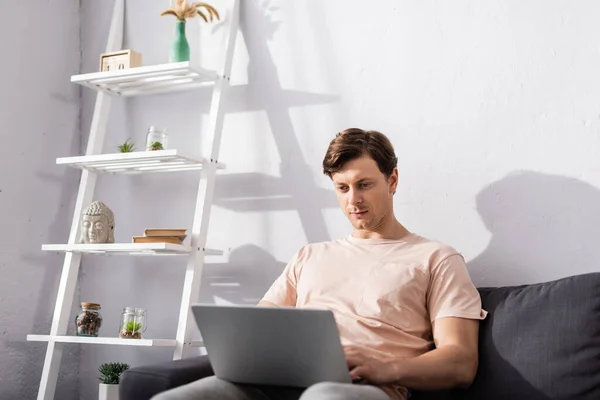 Concentrated freelancer using laptop, sitting on couch at home, earning online concept — Stock Photo