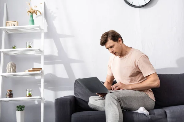 Фокусований телефонний працівник використовує ноутбук на дивані у вітальні, заробляючи онлайн-концепцію — стокове фото