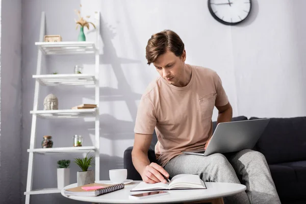 Selective focus of freelancer writing on notebook and using laptop while working at home, earning online concept — Stock Photo