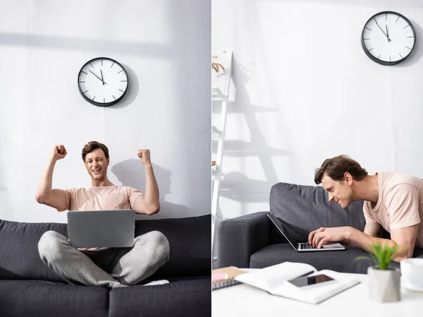 Collage de teletrabajo alegre y enojado usando el ordenador portátil en la sala de estar, ganando concepto en línea - foto de stock