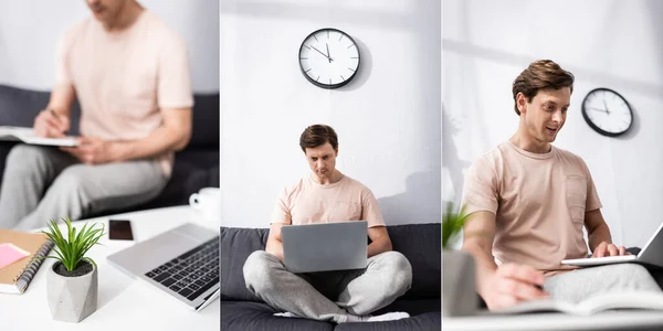 Collage de guapo freelancer utilizando el ordenador portátil y la escritura en el portátil en casa, concepto de ganar en línea - foto de stock