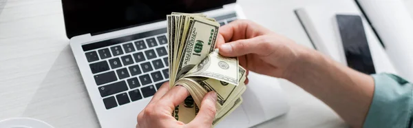 Panoramic crop of man counting dollars near gadgets on table, earning online concept — Stock Photo