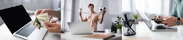 Collage de hombre alegre sosteniendo pelota de fútbol y contando dólares cerca de la computadora portátil en la mesa en casa, concepto de ganar en línea - foto de stock