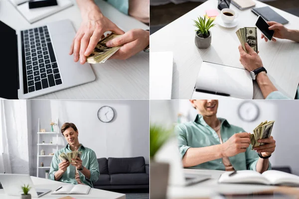 Коллаж улыбающегося человека, подсчитывающего доллары рядом с гаджетами и ноутбуком на столе у себя дома, концепция заработка онлайн — стоковое фото