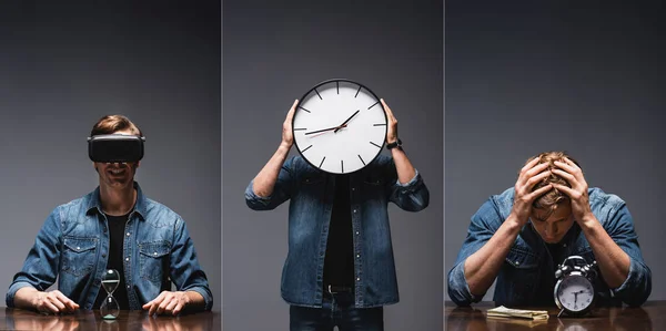 Collage di uomo che tiene orologio vicino al viso, utilizzando auricolare vr vicino clessidra e seduto vicino sveglia e contanti sul tavolo su sfondo grigio — Foto stock