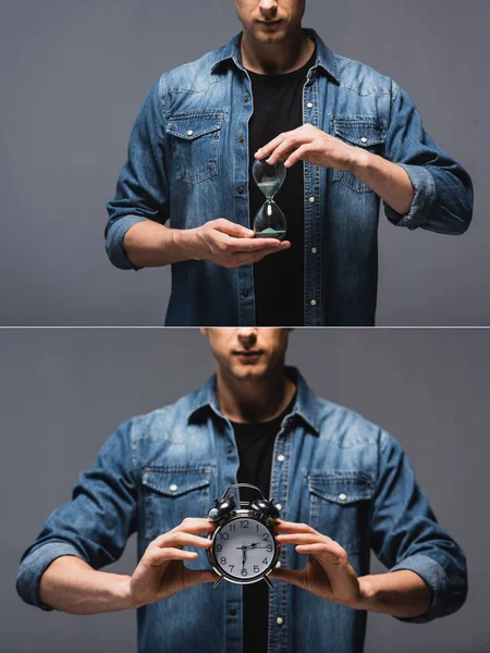 Collage of man holding alarm clock and hourglass isolated on grey, concept of time management — Stock Photo