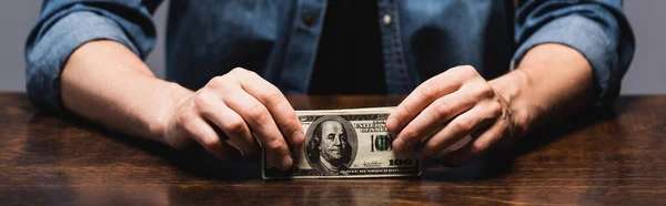 Панорамний урожай людини, що тримає доларові банкноти за столом ізольовані на сірому — стокове фото