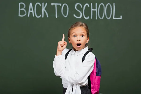 Selective focus of shocked schoolgirl showing idea gesture near chalkboard with back to school inscription — Stock Photo