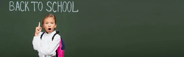 Panoramic shot of surprised schoolgirl showing idea gesture near chalkboard with back to school lettering — Stock Photo