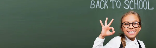 Horizontal image of cheerful schoolgirl in eyeglasses showing thumb up near chalkboard with back to school inscription — Stock Photo