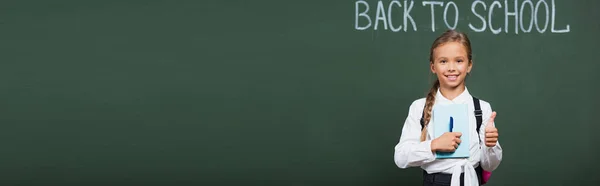 Заголовок веб-сайту щасливої школярки з ручкою і книгою, що показує великий палець вгору поблизу крейди з назад до шкільного написання — стокове фото