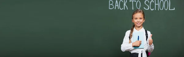 Website header of happy schoolgirl with pen and book showing thumb up near chalkboard with back to school lettering — Stock Photo