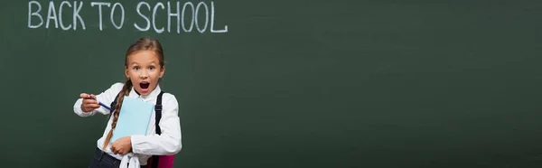 Horizontal image of excited schoolgirl pointing with pen at book near chalkboard with back to school inscription — Stock Photo