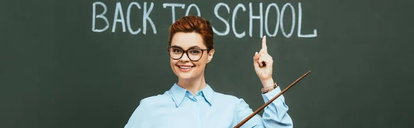 Plano panorámico del profesor feliz sosteniendo el puntero y señalando con el dedo hacia atrás las letras de la escuela en la pizarra - foto de stock