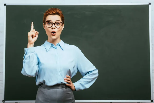 Surprised teacher showing idea gesture while standing with hand on hip near chalkboard — Stock Photo
