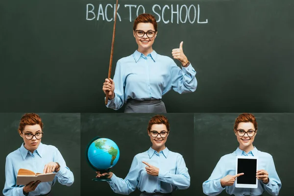 Collage of teacher with pointing stick showing thumb up, reading book, holding globe, pointing at digital tablet near chalkboard — Stock Photo