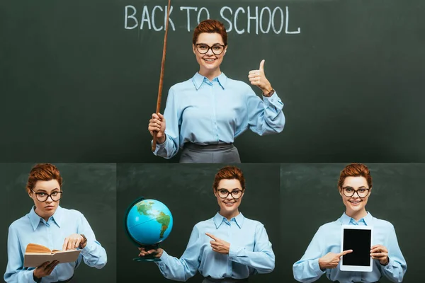 Collage de l'enseignant avec bâton de pointage montrant pouce vers le haut, livre de lecture, globe tenant, pointant vers la tablette numérique près du tableau — Photo de stock