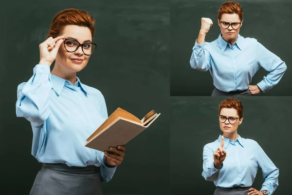 Collage de profesor sonriente con libro, strick y profesor enojado mostrando puño cerrado y gesto prohibitivo cerca de pizarra - foto de stock