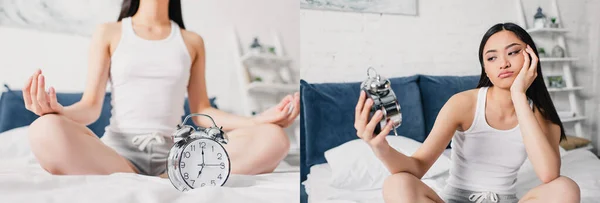 Colagem de mulher asiática meditando e segurando despertador na cama de manhã — Fotografia de Stock