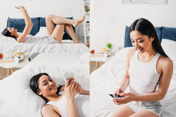 Collage of cheerful asian woman using smartphone on bed during morning — Stock Photo