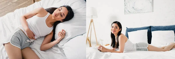 Коллаж красивой азиатской женщины, улыбающейся в камеру и спящей на кровати — стоковое фото