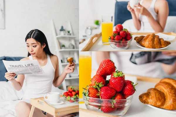 Collage of asian woman reading newspaper near breakfast on breakfast tray on bed — Stock Photo