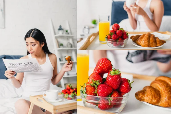 Collage di asiatico donna lettura giornale vicino colazione su colazione vassoio su letto — Foto stock