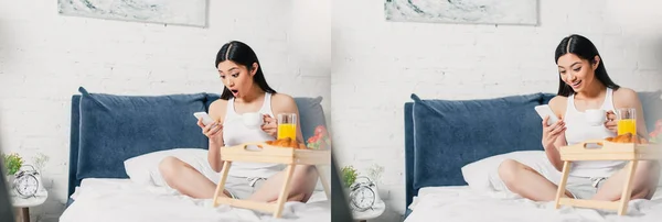 Collage de souriant et choqué asiatique femme en utilisant smartphone près du petit déjeuner sur le lit — Photo de stock