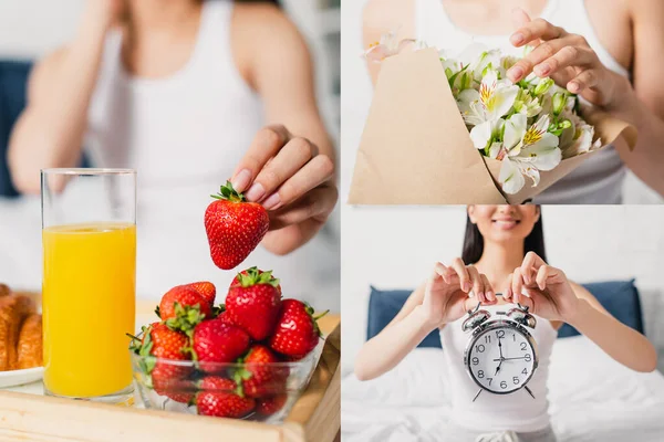 Collage d'une femme souriante tenant un réveil, touchant des fleurs en bouquet et prenant des fraises pendant le petit déjeuner dans la chambre — Photo de stock