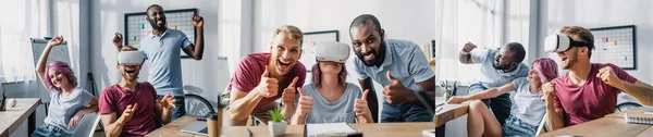 Collage of multiethnic business people with vr headset showing thumbs up in office — Stock Photo