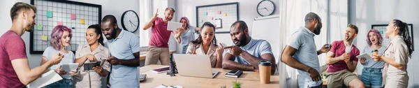 Collage of multicultural business people using gadgets while working together in office — Stock Photo