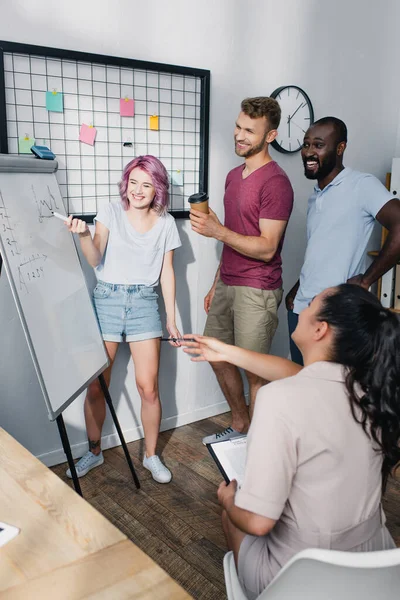 Selective focus of multicultural business people pointing at charts on whiteboard while working in office — Stock Photo