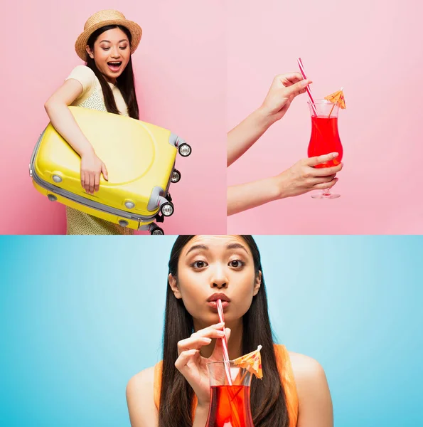 Collage de asiático chica celebración equipaje y beber cóctel de azul y rosa - foto de stock