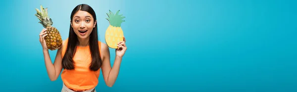 Panoramic concept of excited asian girl holding ripe and carton pineapples on blue — Stock Photo