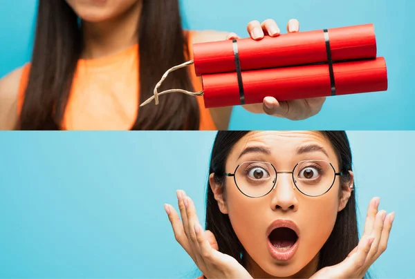 Collage of shocked asian girl in glasses looking at camera, gesturing and holding dynamite sticks isolated on blue — Stock Photo