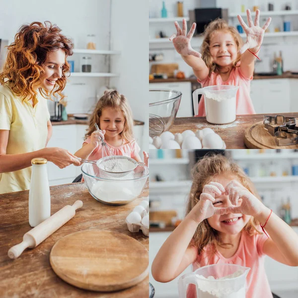 Collage of curly woman sieving flour into glass bowl and daughter showing hands in flour and heart sign — Stock Photo