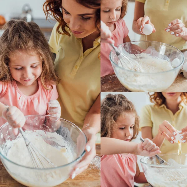 Коллаж молодой женщины, добавляющей куриное яйцо в стеклянную миску с мукой и дочерью, смешивающей тесто с венчиком — стоковое фото