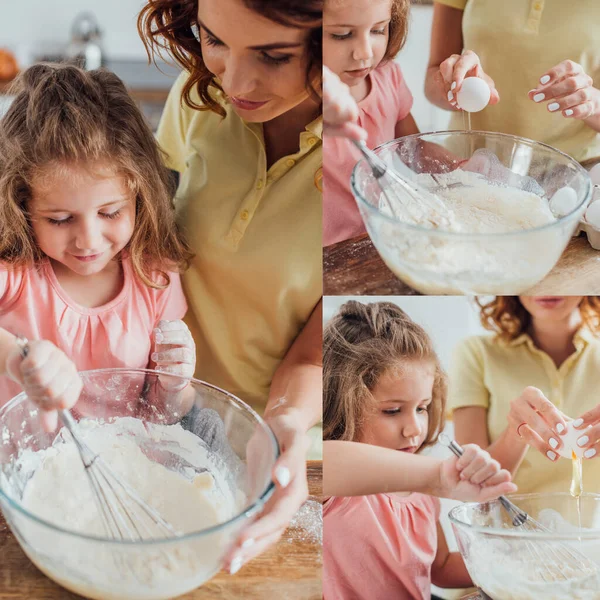 Collage einer jungen Frau, die Hühnerei in eine Glasschüssel mit Mehl gibt und Tochter Teig mit Schneebesen knetet — Stockfoto