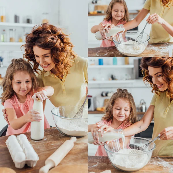 Collage de la chica abriendo la botella y la mujer rizada vertiendo leche en un tazón de vidrio con harina mientras amasa la masa - foto de stock
