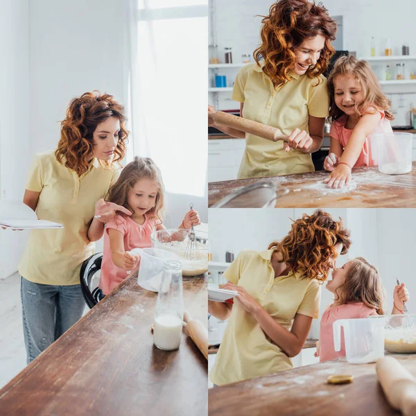 Colagem de mulher encaracolada apontando com o dedo e segurando livro de receitas perto da filha amassando massa e espalhando mesa com farinha — Fotografia de Stock