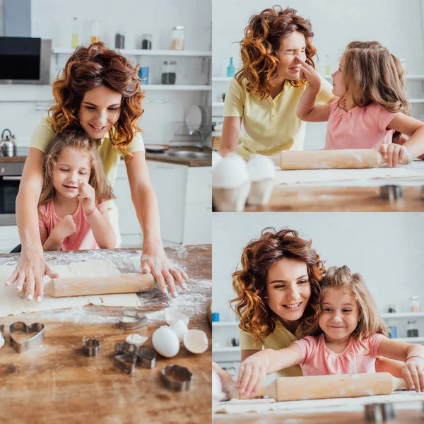 Collage de la mujer rizada con la hija desplegando la masa, y la niña tocando la nariz de las madres en la cocina - foto de stock