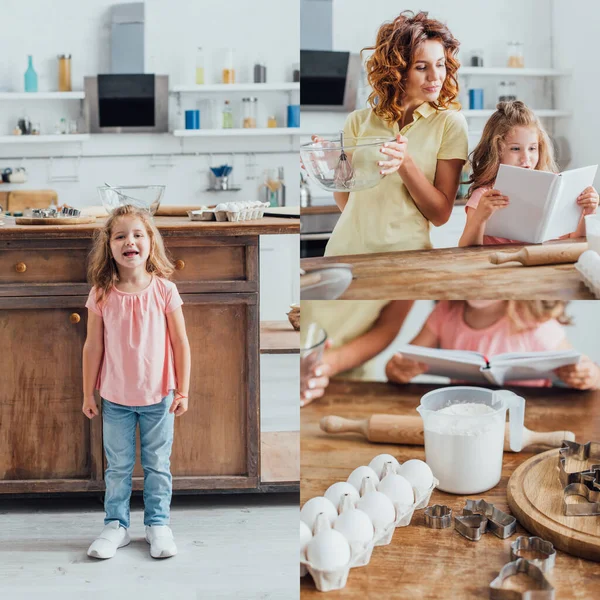 Collage of girl standing near kitchen table, reading cookbook near mother holding glass bowl, and ingredients with cookie cutters — Stock Photo