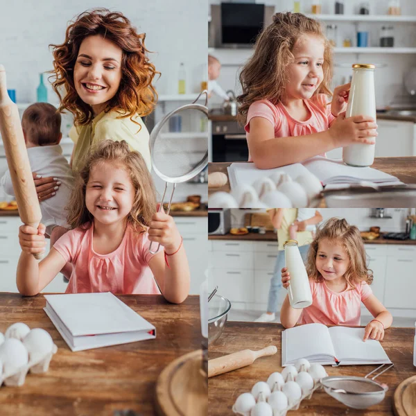 Collage of curly woman holding infant near daughter holding rolling pin, sieve, bottle of milk and reading cookbook — Stock Photo