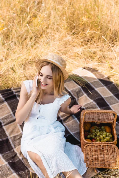 Высокий угол зрения блондинка в летнем наряде говорить на смартфоне возле плетеной корзины с фруктами — стоковое фото