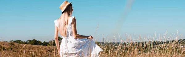 Back view of young woman in straw hat touching white dress while standing in grassy field, website header — Stock Photo