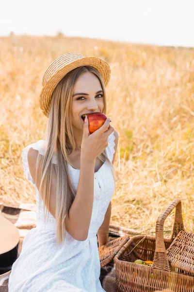 Junge blonde Frau mit Strohhut isst reifen Apfel und blickt in die Kamera, während sie in der Nähe von Weidenkorb auf dem Feld sitzt — Stockfoto