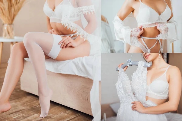 Colagem de noiva sexy em lingerie segurando vestido de noiva e colocando em meia na cama — Fotografia de Stock