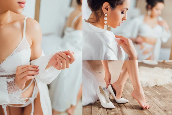 Collage von Braut in Dessous, die Seidenrobe berührt und zu Hause Absätze anzieht — Stockfoto