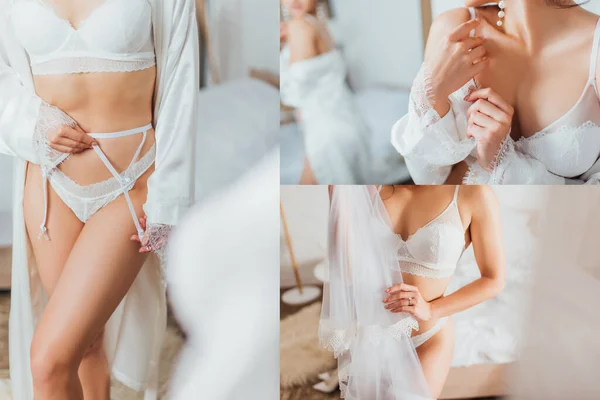 Collage de novia seductora en lencería sosteniendo velo y llevando bata de seda en casa - foto de stock