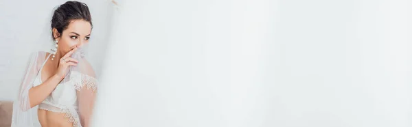 Панорамний знімок брюнетки нареченої в бюстгальтері, що тримає мереживну фату біля обличчя вдома — стокове фото